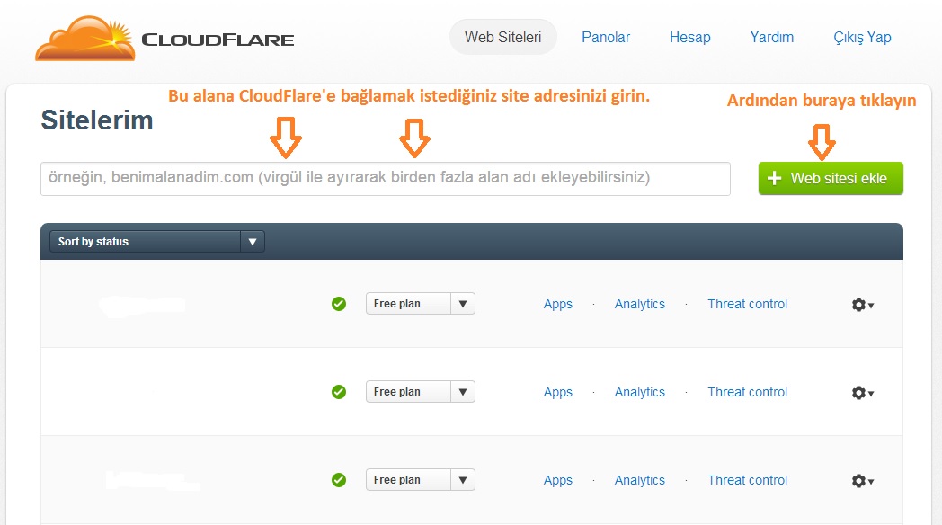 CloudFlare Kayıt İşlemleri CloudFlare